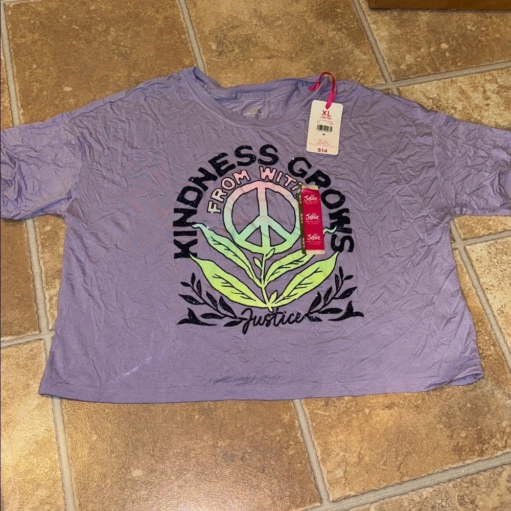 NWT Justice Lavender Tee with Peace and Kindness Graphic Girls size XL 16/18